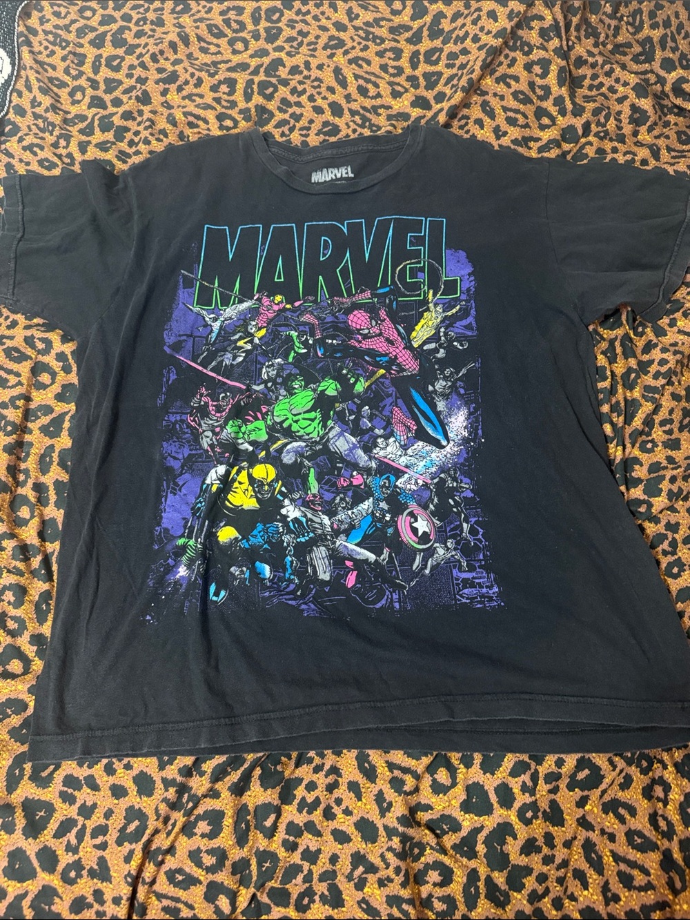 Marvel Black Short Sleeve Tee with Neon Superhero Graphic